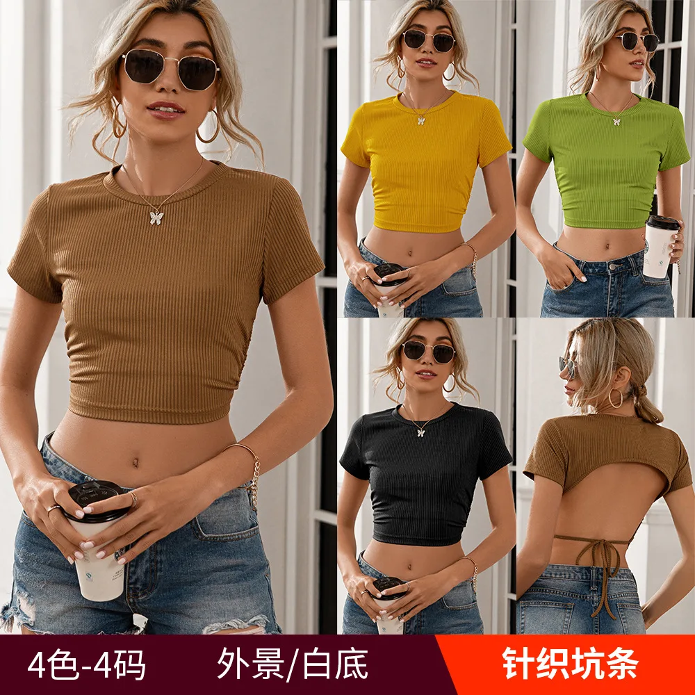 

Summer Spring Women's Knitted Bare Navel Cropped Tops Sexy Ladies Solid Backless Lace Up Strappy Knitwear T-shirt Tops