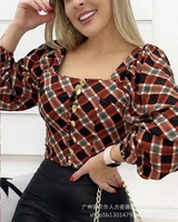 2022 spring and summer womens fashion plaid square neck lantern sleeve casual top