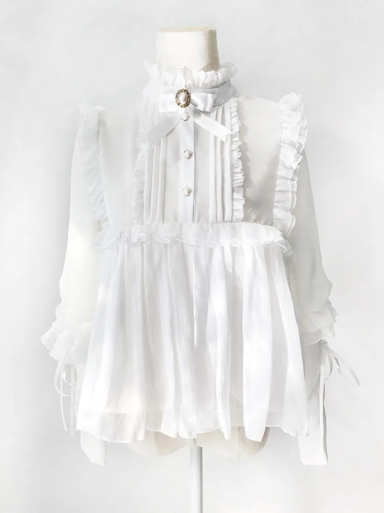 Женская шифоновая рубашка в стиле ретро винтажном блузка на шнуровке с оборками