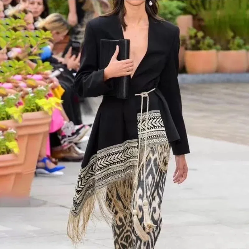 

Ladies Long Coat Embroidered Jacquard Tether Hem Irregular Fringe Small Suit 2021 New Ladies Office Work Slim Temperament Jacket
