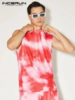incerun 2022 american style new men bright color tie dye sleeveless shorts suit stylish knitted comfortable two piece sets s 5xl