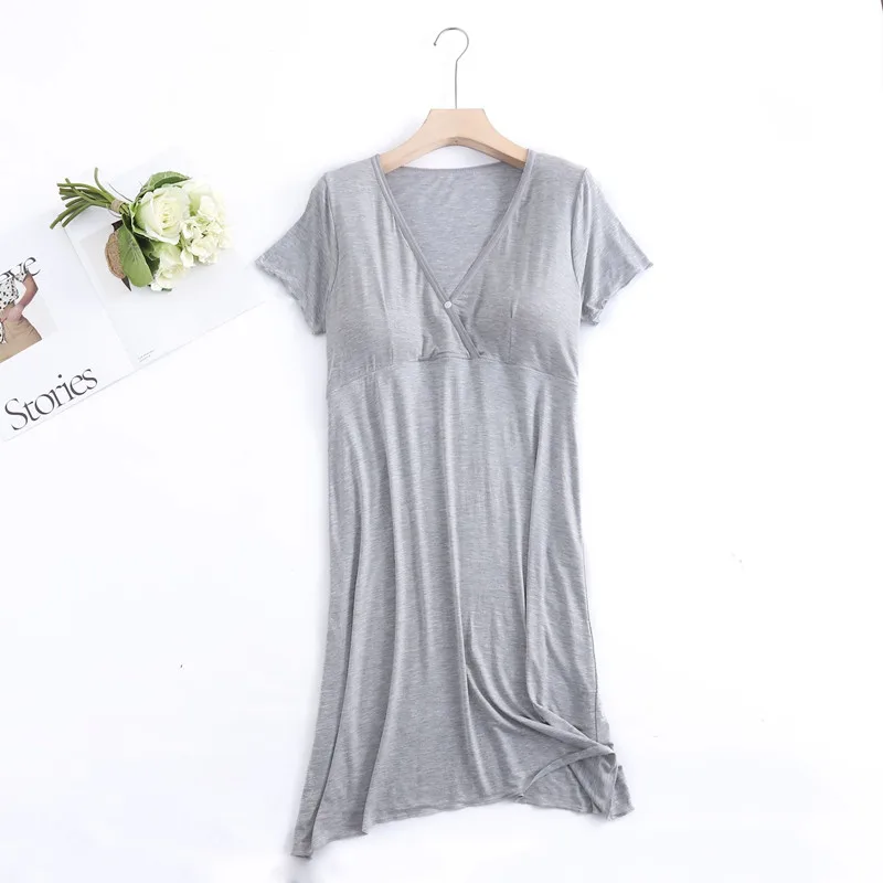Summer Casual Bra Sleepdress For Pregnant Women Elastic Nightdress Women's Modal V-Neck Short Sleeve Nightwear Fashion Home