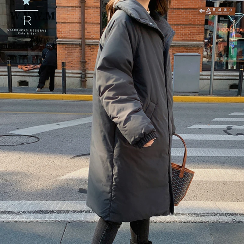 

WYWM Black Mid-length Coat Women Winter 2021 Stand Collar Thicken Warm Long Parkas Korean Loose Over The Knee Female Jacket