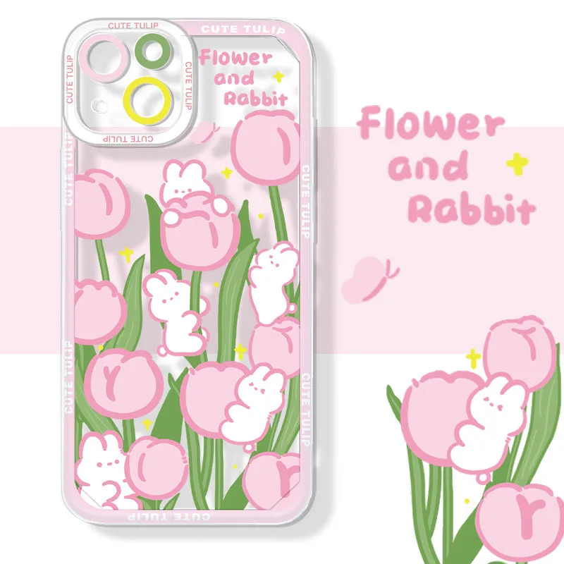 

Creative Cartoon Cute Flower And Rabbit Phone Case For IPhone14Pro Max 13Plus 12 11 X XR/XS INS Style Transparent Silicone Cover