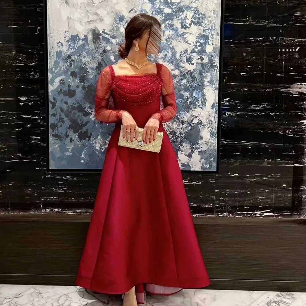 

Women Classic A-line Square Neckline Zipper Up Regular Straps Floor Length Red Lace Long Sleeves Evening Dress New 2023