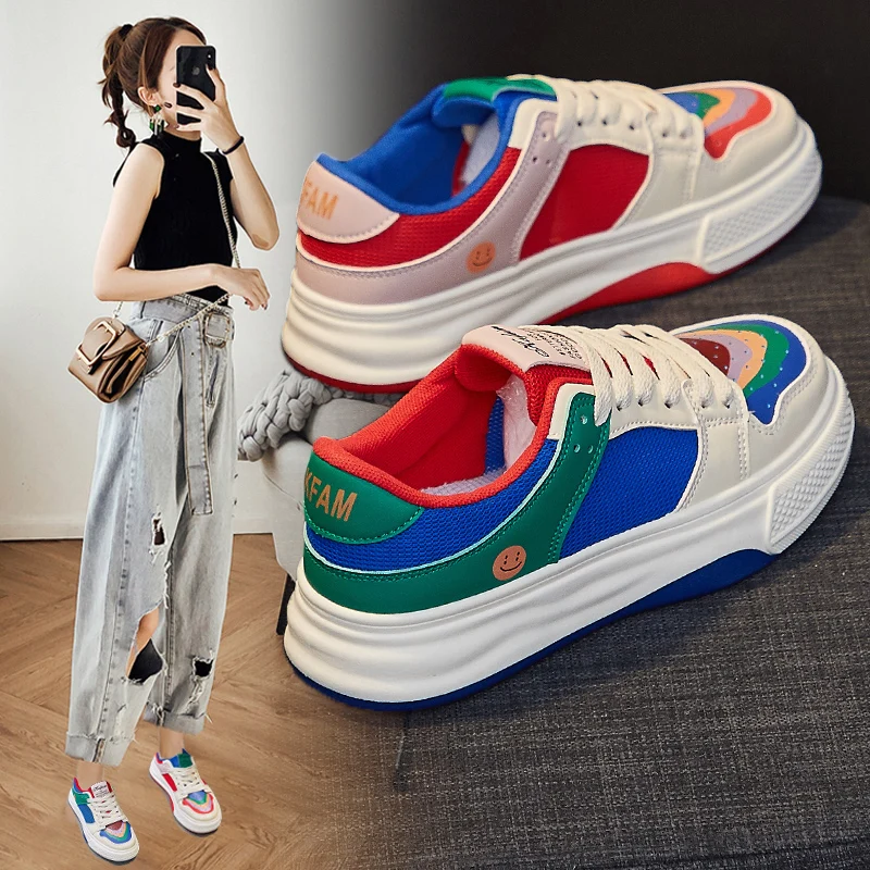 Cyber Star Style Microfiber  Leather Rainbow Personalized Trend and Breathability Shoes for Women and Increase Height By 3.5cm