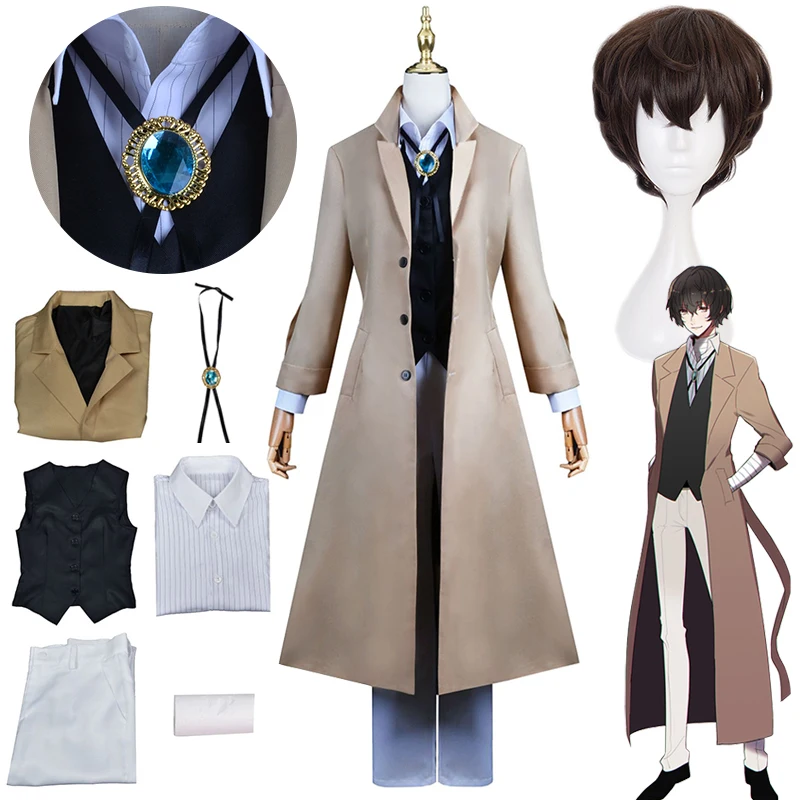 

Bungo Stray Dogs Dazai Osamu Cosplay Costume Wig Uniform Long Jacket Coat Suit Adult Halloween Party Costumes Outfit for Men