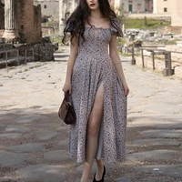 2022 new womens summer explosions fashion bubble sleeve floral sexy dress lace up temperament elegant leisure high slit dress