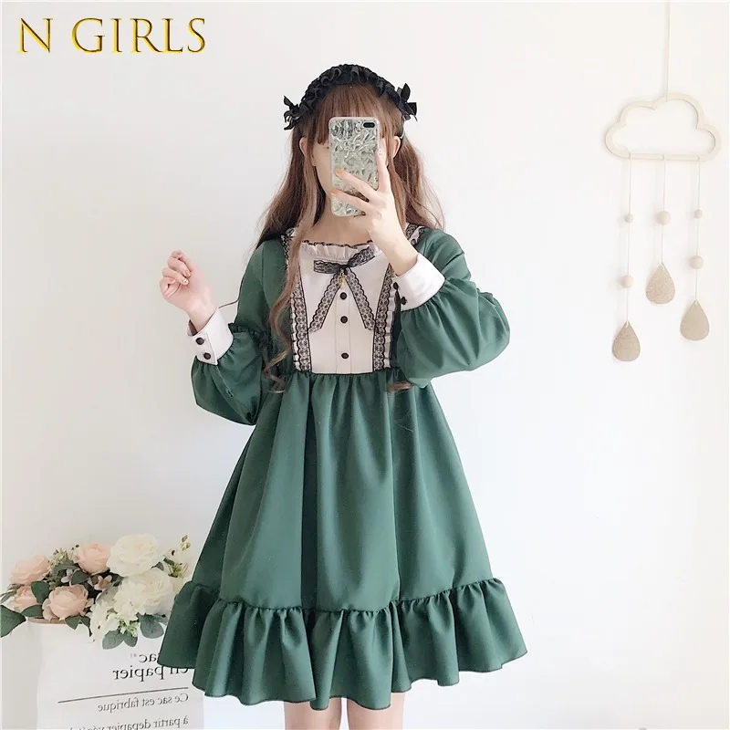 

N GIRLS 2020 Tea вечерние Women Vintage Lolita Dess Girl с длинным рукавом зеленая искусственная Лолита косплей горничная Костюмы Y187