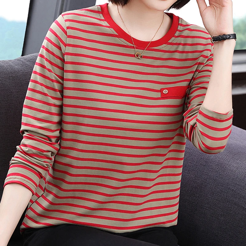 

New Autumn Cotton T-Shirts For Women Striped Long Sleeves Top O Neck T Shirt Loose Casual Women's Clothing Blusa Mujer Moda 2023