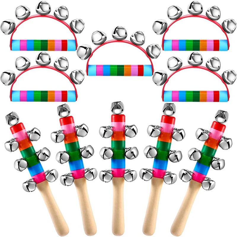 

10 Pcs Hand Bells Rainbow Handle Sleigh Bells Handhold Wooden Bells Jingle Stick Shaker Rattle Musical Instrument School