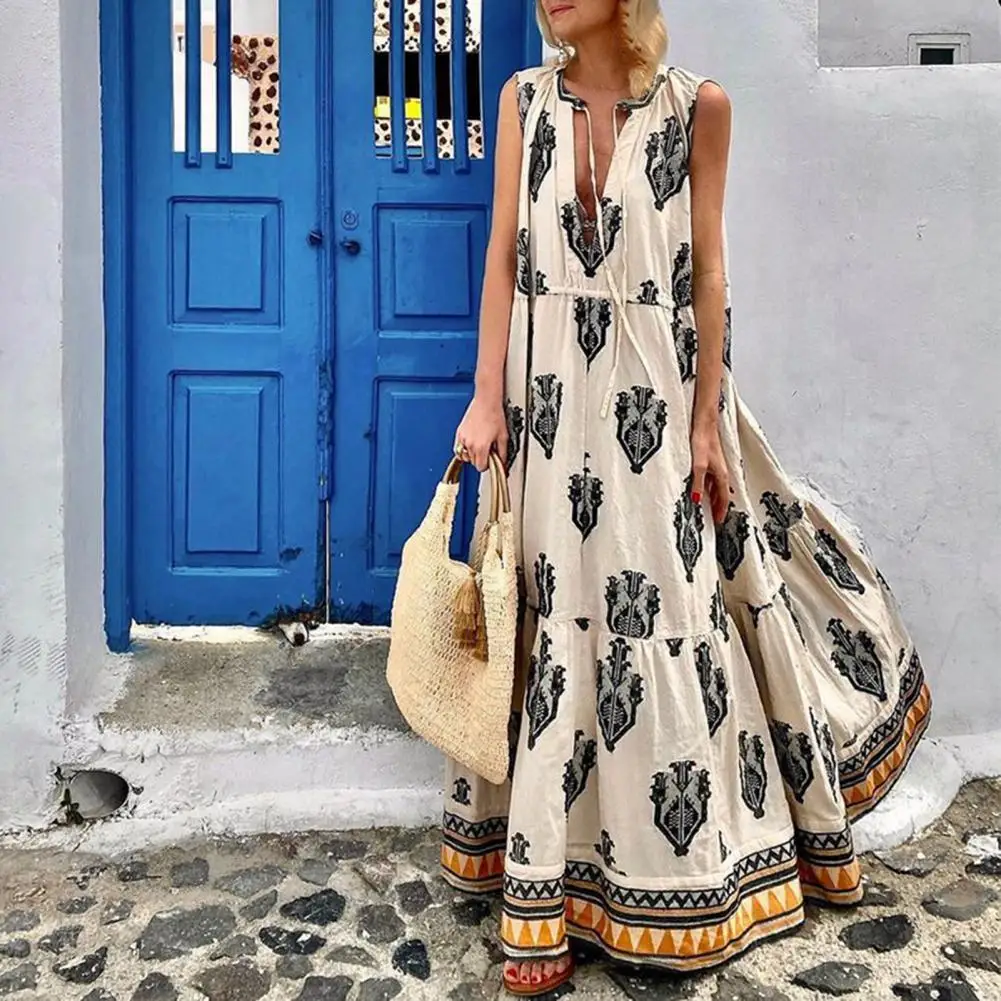 

Women Elegant Tank Long Dress Vestidos Fashion New Summer Sleeveless Party Dress Spring Patchwork Striped Print Maxi Beach Dress