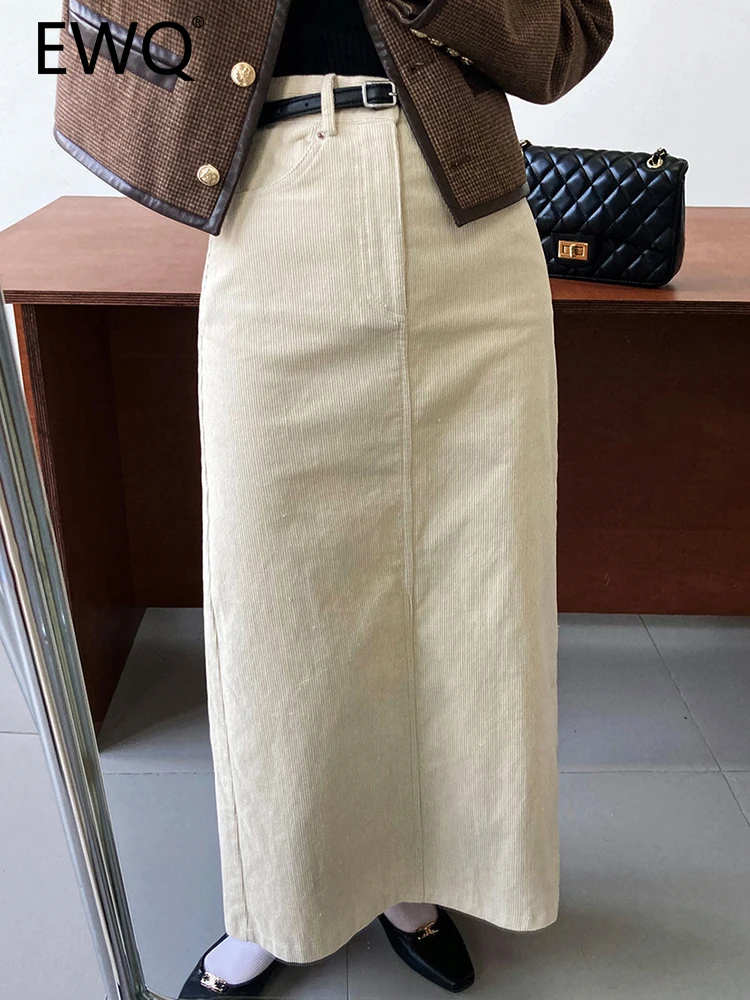 

EWQ High Waist Corduroy Skirts For Women Solid A-line Split Design Med-longth Korean Version Skirt 2023 Spring New 26D1244