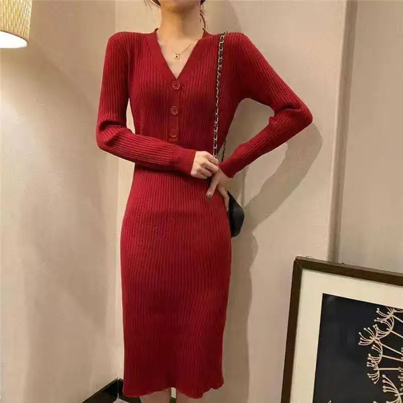 

Vintage Knitted Sweater Long Sleeve Dresses V Neck Sweater Midi Woman Dress Women Slim Bodycon Korean Elegant Fall Winter Button