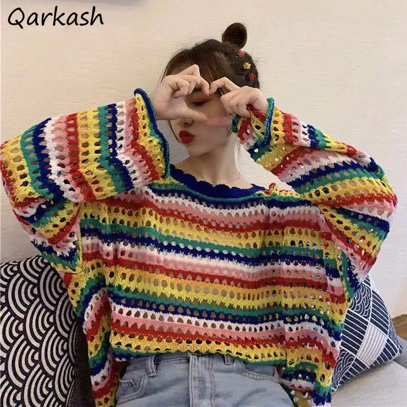 

Women Rainbow Striped Pullovers Lovely Girls Hollow Out Knitting Harajuku Stylish Tops Teenager Leisure Korean Fashion Stretchy