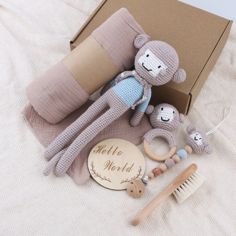 

Newborn Shower Toy Pacifier Clip Crochet Monkey Rattle Teether Baby Photo Card
