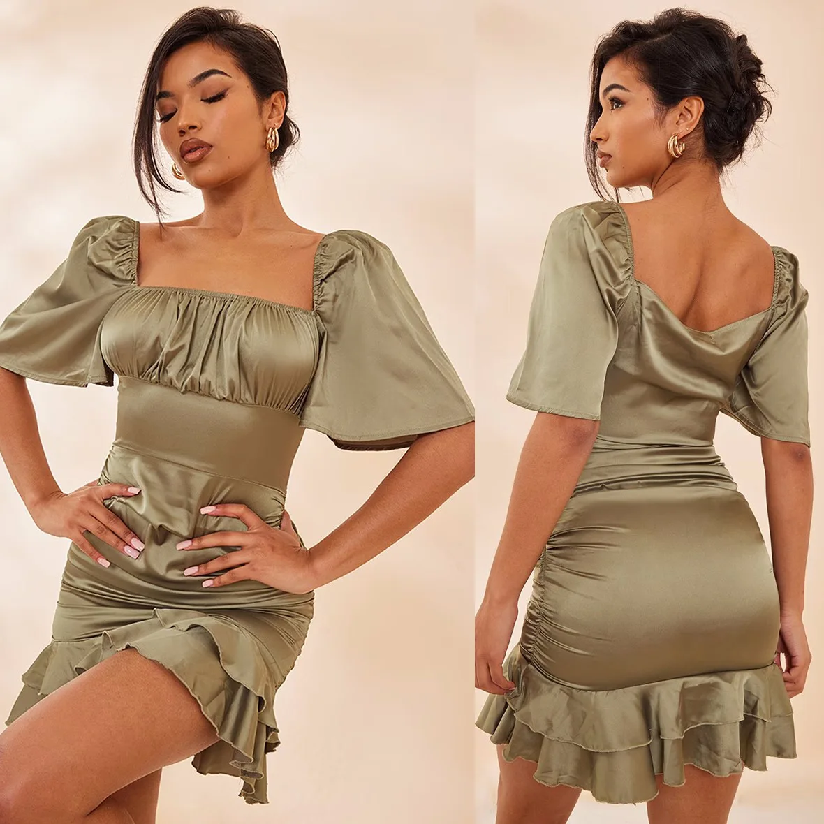 

Women's sexy ruffle corset dress mini club party puff sleeve bandeau dress
