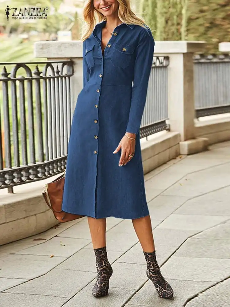 

Платье ZANZEA женское джинсовое средней длины, модный тонкий элегантный сарафан с длинным рукавом, большие размеры, весна-осень 2023