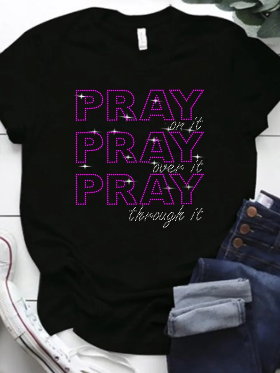 LW Plus Size summer T-shirt Rhinestone Letter Decor T-shirt Casual Short Sleeve Round Neck Hot Drilling T-shirt Clothes Top