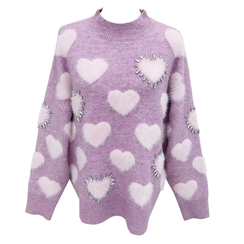 

Korean Sweaters Women Autumn Winter V Neck Heart Flocking Sweater Beading Knit Jumper Oversized Long Sleeve Loose Pullovers Y2K
