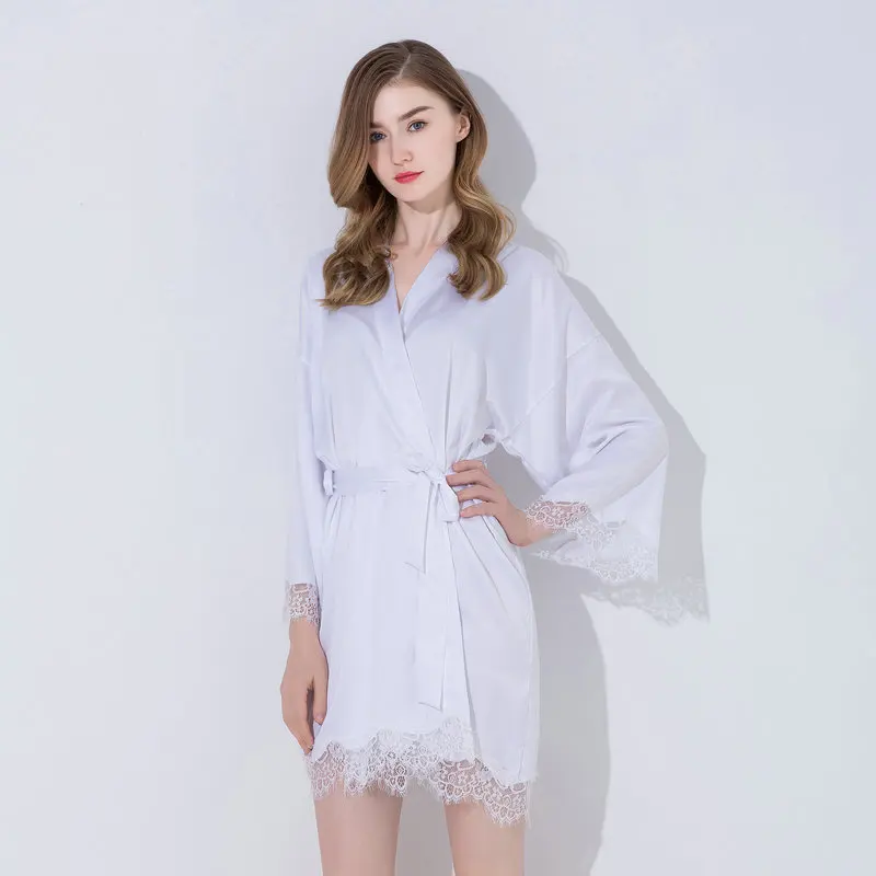 Satin Lace Robe w/ Trim Gown Bridal Wedding Bride Bridesmaid Kimono Robe Silk Dress Bathrobe Nightgrowns