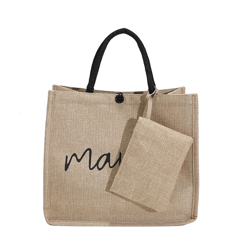 

Women Linen Totes Large Capacity Handbags Shoulder Shopper Bag Letters Casual Beach Travel Shopping Bags