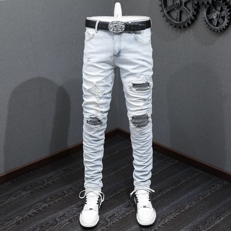 High Street Fashion Men Jeans Retro Light Blue Elastic Stretch Skinny Hole Ripped Jeans Men Patched Designer Hip Hop Brand Pants