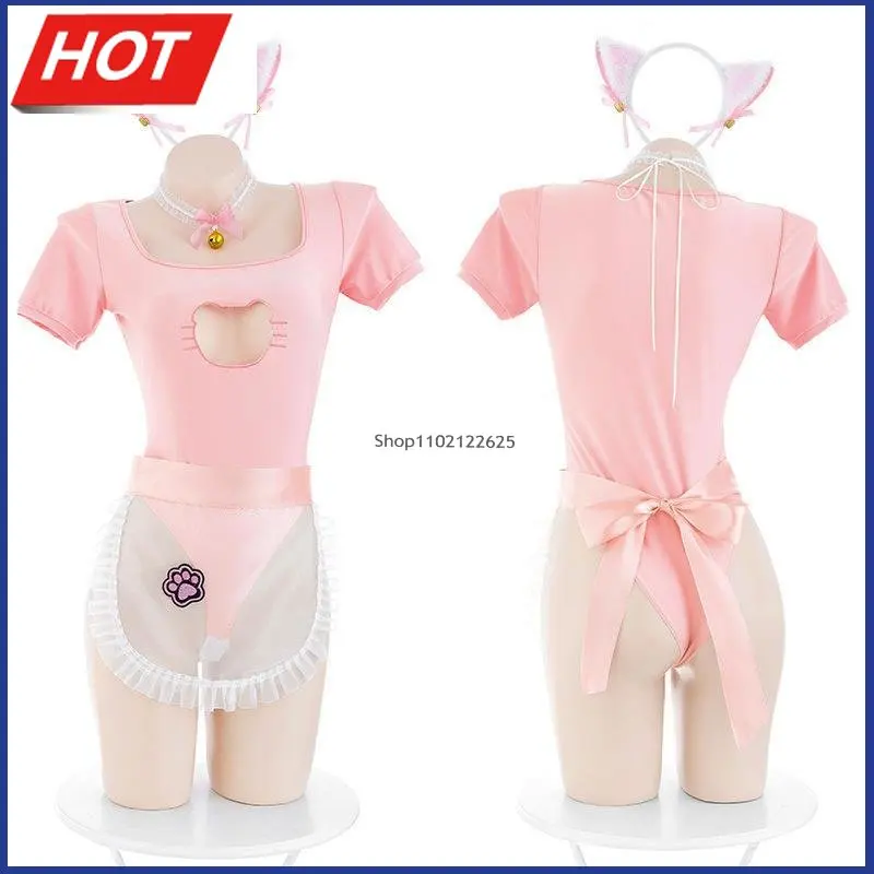 

Розовое милое боди с ажурным рисунком кошки для девочек, с фартуком, костюм горничной в стиле аниме, костюм для косплея, одежда для сна, Пряма...