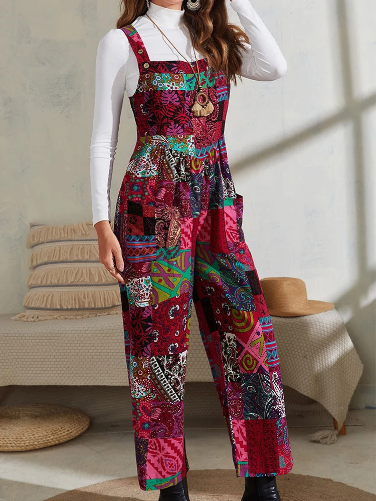 

Women Sexy Sleeveless Lace Up High Waist Nine Pants Jumpsuit Casual Loose Summer Jumpsuit Retro Print Suspender Bib Jumpsuit