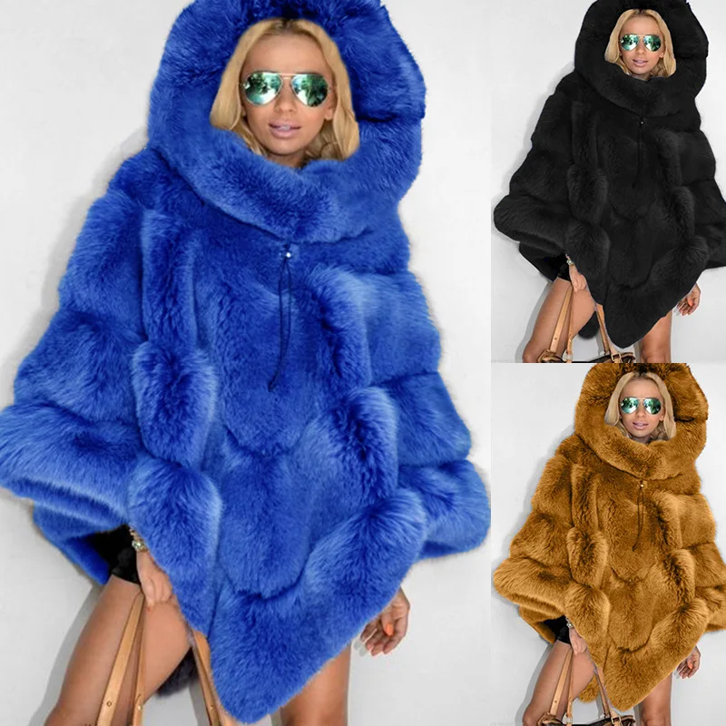 Women's Leather Fur Coat Hooded Imitation Fur Stitching Baggy Coat Fashion Cloak Women Faux Fur Coat