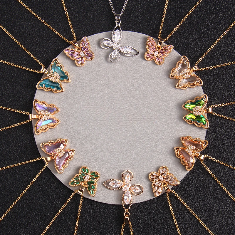

10pcs/lot Stainless Steel Gold Color Zircon Butterfly Pendant Chain Necklace for Women Fashion Jewelry Gift Wholesale