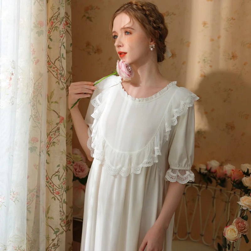 Sweet Nightgown Women Cotton Lace Cute Sleepdress French Court Cute Nightdress Spring Vintage Retro Princess Sleepwear Nightwear