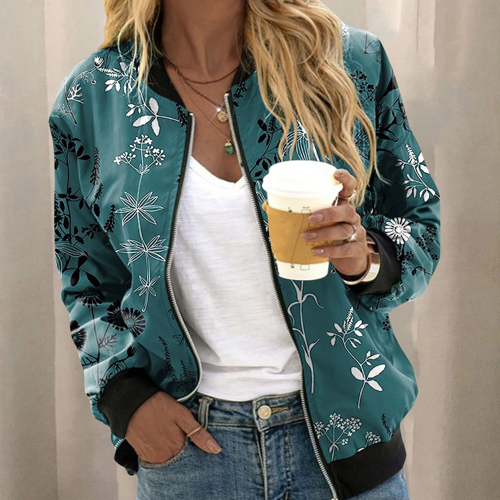

Vantage Womens Jackets Lightweight Zip Up Floral Print Coat Autumn Winter Stand Collar Sports sweater Blouses Zipper Sweatshirts