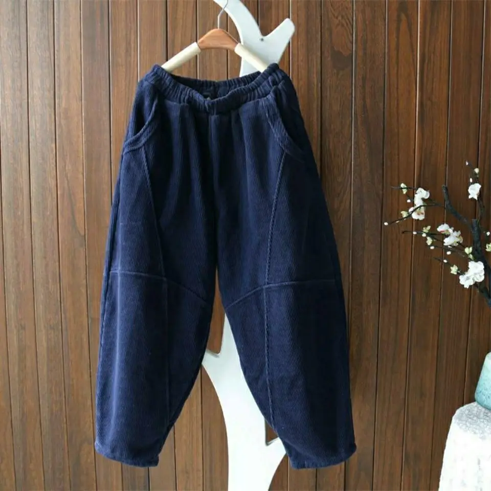 

Women Trousers Literary Corduroy Thick Solid Color Pants Elastic Waist Loose Vintage Casual Female Harem Pants