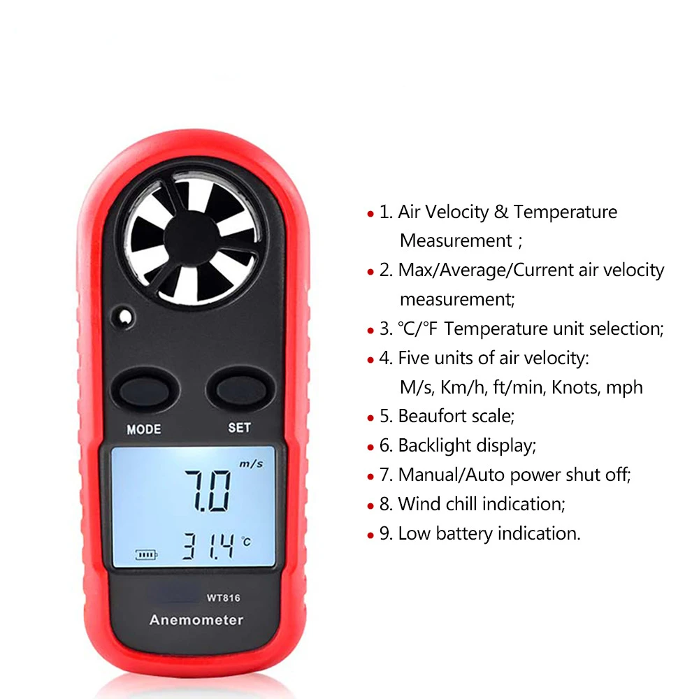 

Mini Digital Anemometer 0-30m/s Wind Speed Meter -10~45C Temperature Tester Anemometro LCD Backlight Air Velocity Measure Tools