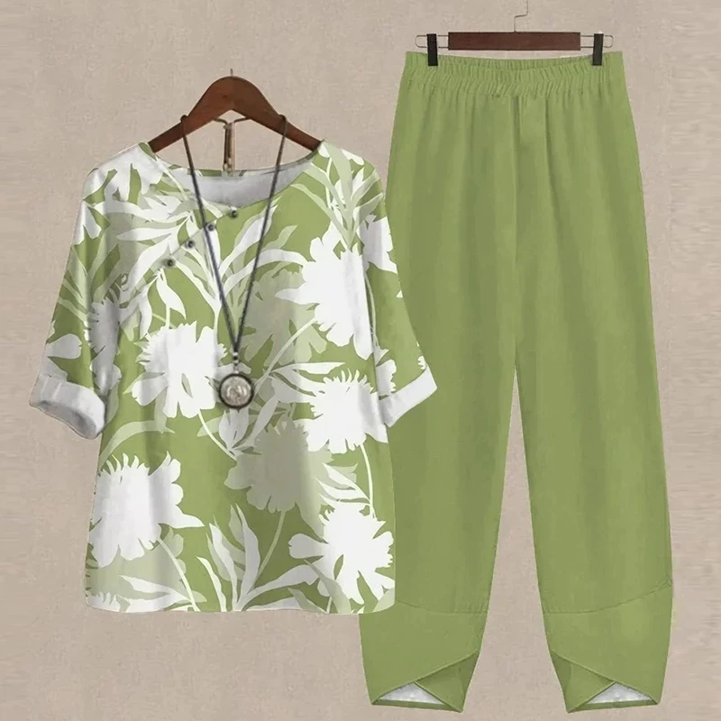 

Summer Women Two Piece Sets Flower Printed O-Neck Half Sleeve T-shirt and Loose Pants Fashion Casual Female Outfits
