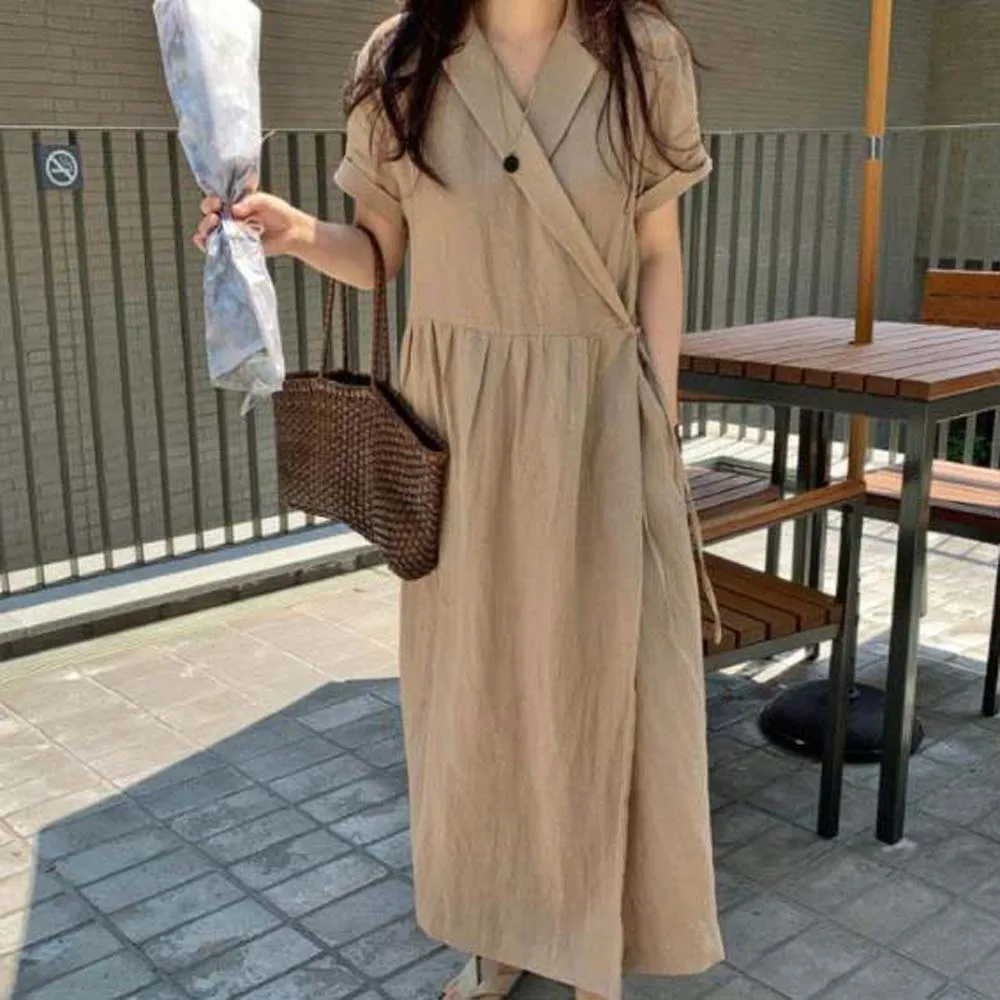 

New Fashion Elegant Lady Flax Dress Casual Long Sleeve Solid Color Loose V-neck Pullover Patchwork Spring A-line Dress For Women