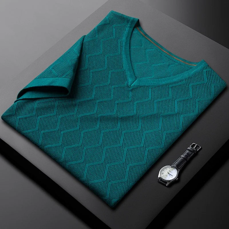 

Футболка мужская Тонкая с V-образным вырезом, воздухопроницаемая трикотажная Повседневная модная рубашка с короткими рукавами, жаккардовая волнистая ткань, лето 2023