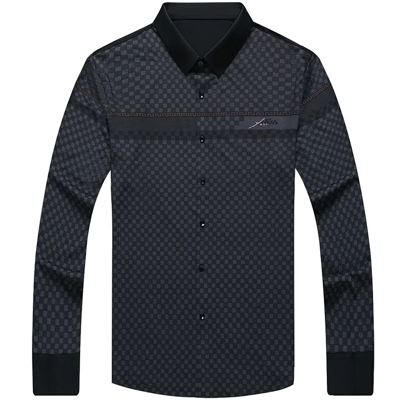 High End Men Long Sleeved Seamless Plaid Shirt Printing Business Casual T-shirt Top 2022 Spring Autumn Fashion Men's Clothing
