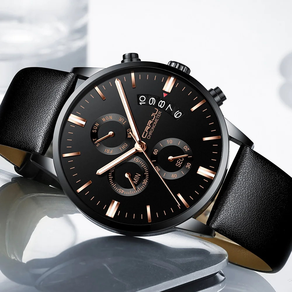 

Multifunctional Six Needle Chronograph Man CRRJU Fashion Casual Sports Watches Modern Design Quartz Wrist Genuine Leather Watch