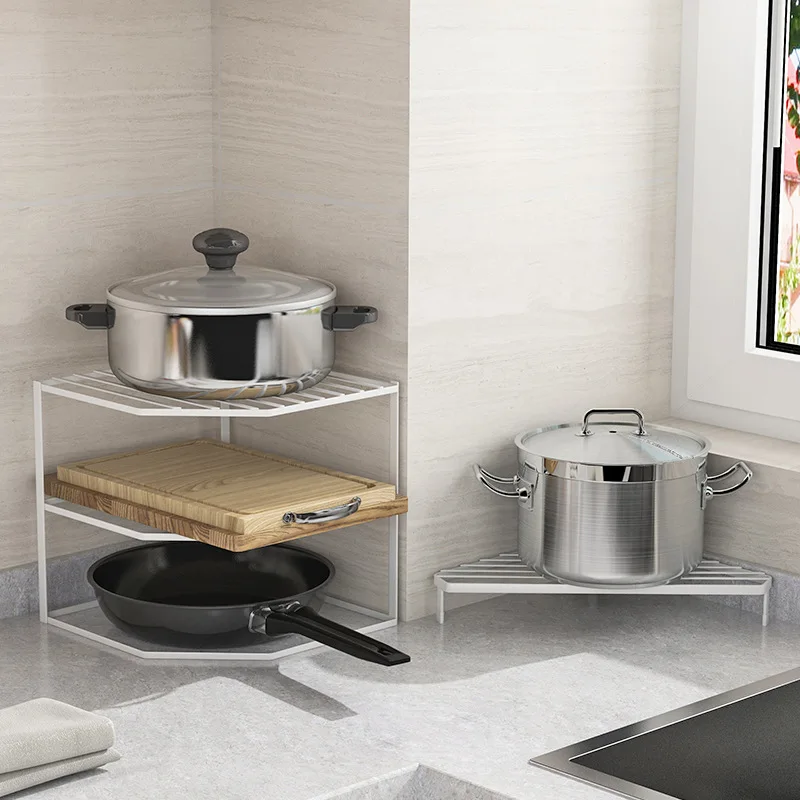 

Kitchen Triangle Storage Rack Shelf Floor Corner Pot Cover Storage Rack Stove Shelf Desktop Storage Kitchen Gadgets