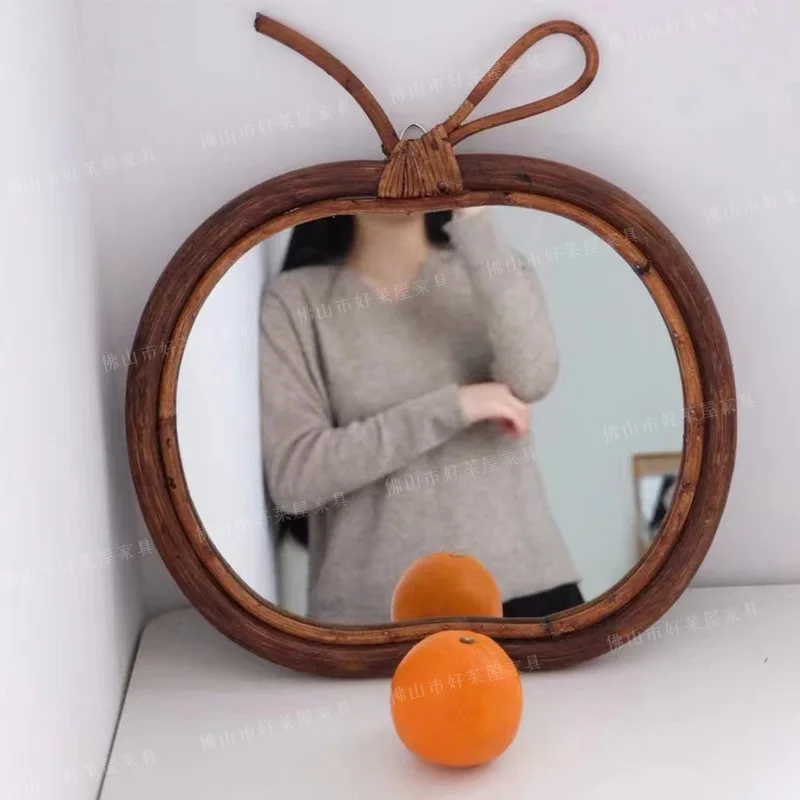

Rattan Apple Mirror Indonesian Rattan Handmade Decorative Mirror Retro Hallway Mirror Cosmetic Mirror