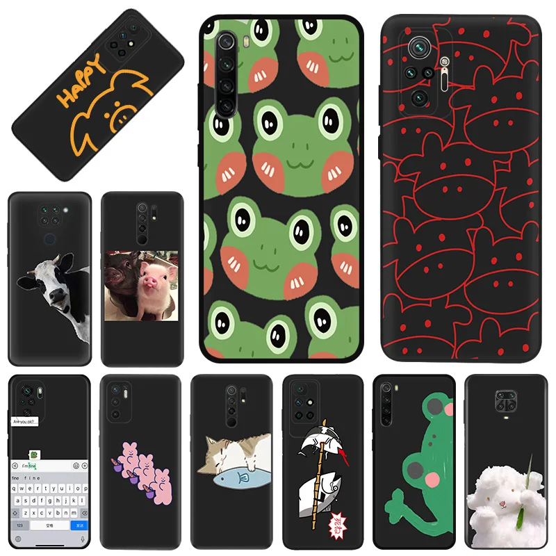 Фото Чехол для телефона Redmi A2, A1, K60, K50, K40, 9T, 9C, 9A, Note 9, 9S, 8T, 8, 7, Xiaomi CC9Pro, корова, свинка, кот, милая лягушка, мягкий черный противоударный чехол №1