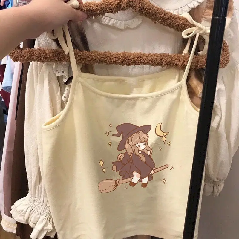 Japanese Camis Tops Soft Girl Sweet Cute Magical Print Self-cultivation ide Outside Vest Crop Top T Shirt top women | Женская одежда