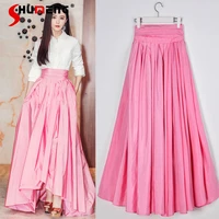 flamenco skirts summer woman 2022 pink high waist ruched large swing long pettiskirt and long sleve white shirt outfit two piece