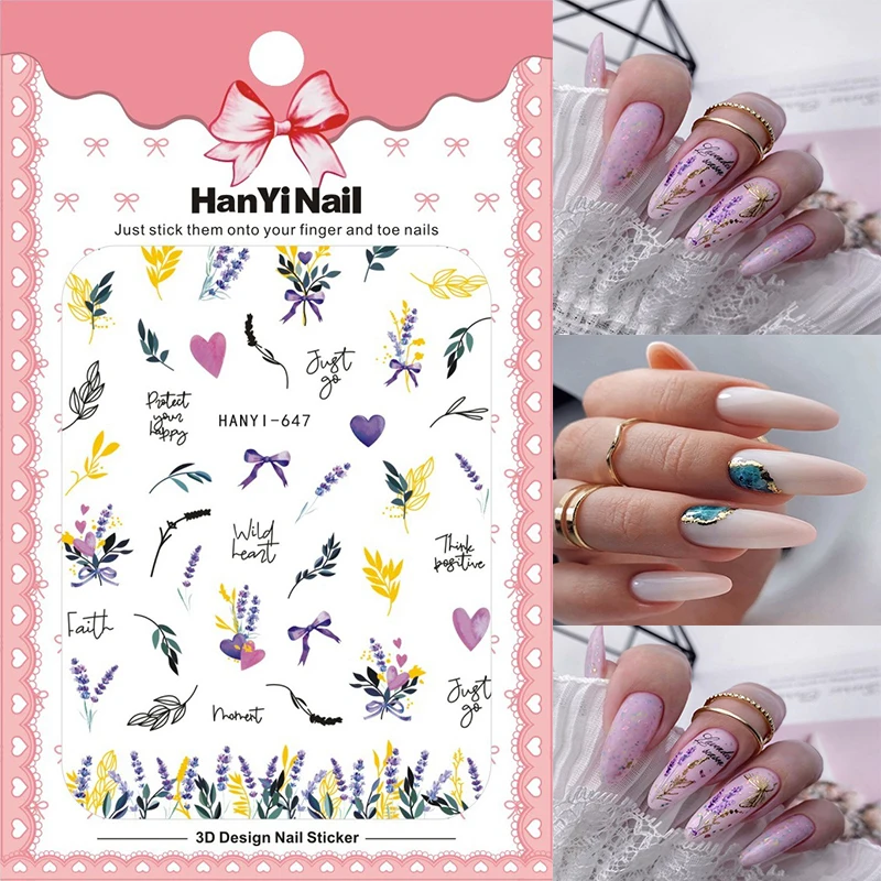 

3D nail sticker spring summer decals Lavender flowers leaf marbling lines DIY manicure self adhesive nail decals designer HY016