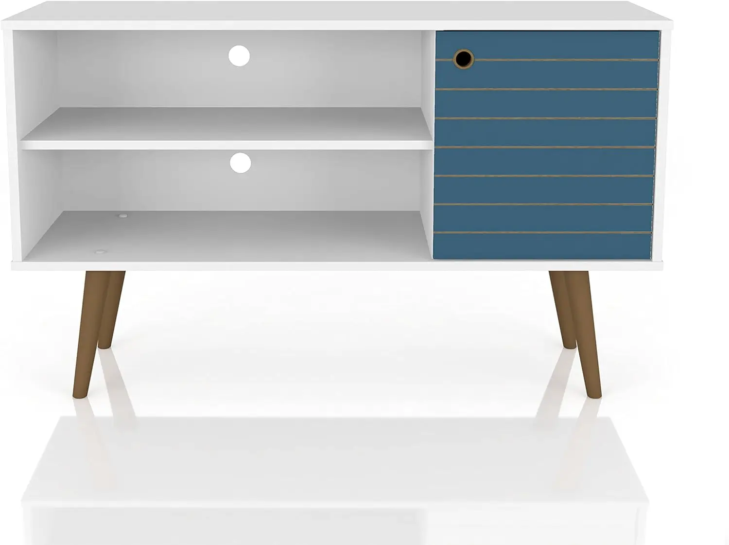 

Mid-Century Modern Living Room TV Stand with Shelves and a Cabinet with Splayed Legs, 212BMC 42.52 Inch, White/Aqua Blue Semi c
