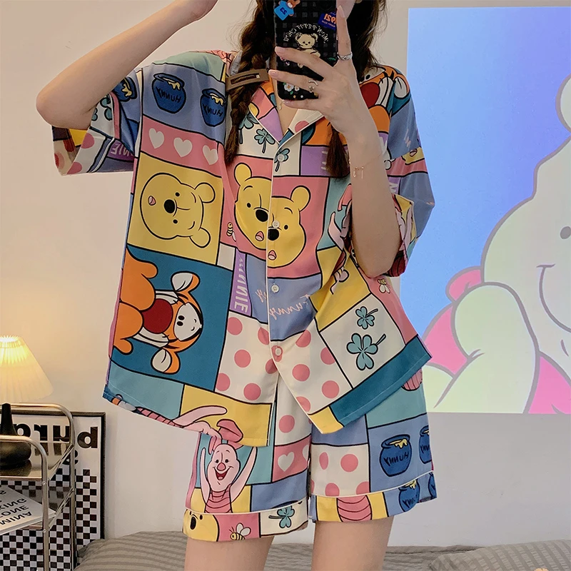Disney Winnie the Pooh Oversized Silk Two Piece Pajamas Set for Women Summer 2023 New with Shorts Home Suit Stain Sleepwear Lady