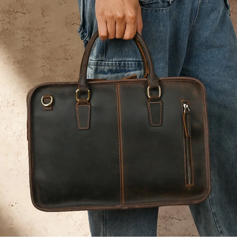 Vintage Cow Leather Men's Briefcase With Zipper Horizontal Handbag Laptop Computer Bag High Capacity Man Shoulder Messenger Bag