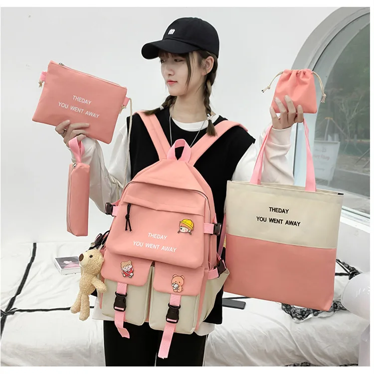

5pieces/set Backpack With Coin Purse Color Match School Bags Children Schoolbag Girl Student Bookbag Fashion Travel Bag Women